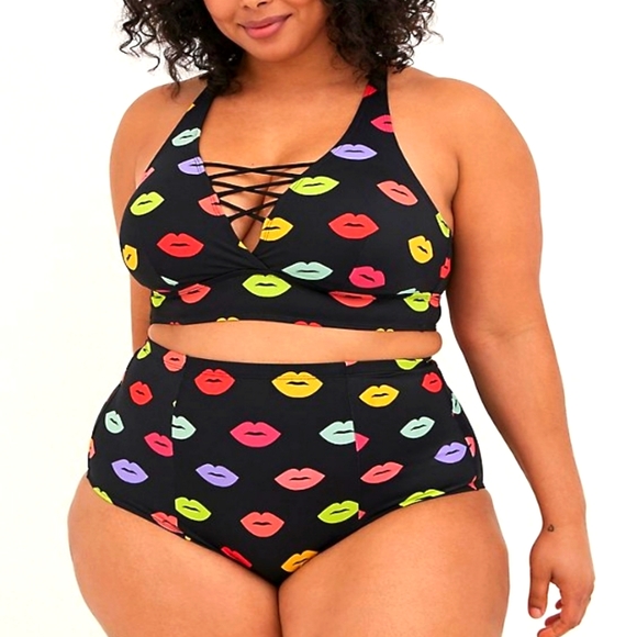❤️NWT VINTAGE TORRID SWIM BOTTOM HIGH WAIST STRAPPY LIPS KISS SWIM - PLUS SIZE - Picture 10 of 13